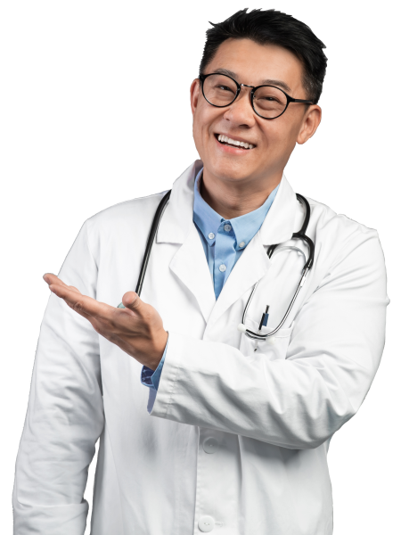 smiling-adult-korean-man-therapist-white-coat-glasses-with-stethoscope-shows-hand-empty-space